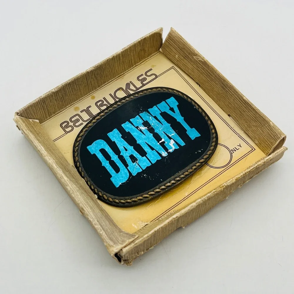 Vintage Danny Name Belt Buckle Blue‎ Western Font Black Oval Rope Border Boxed